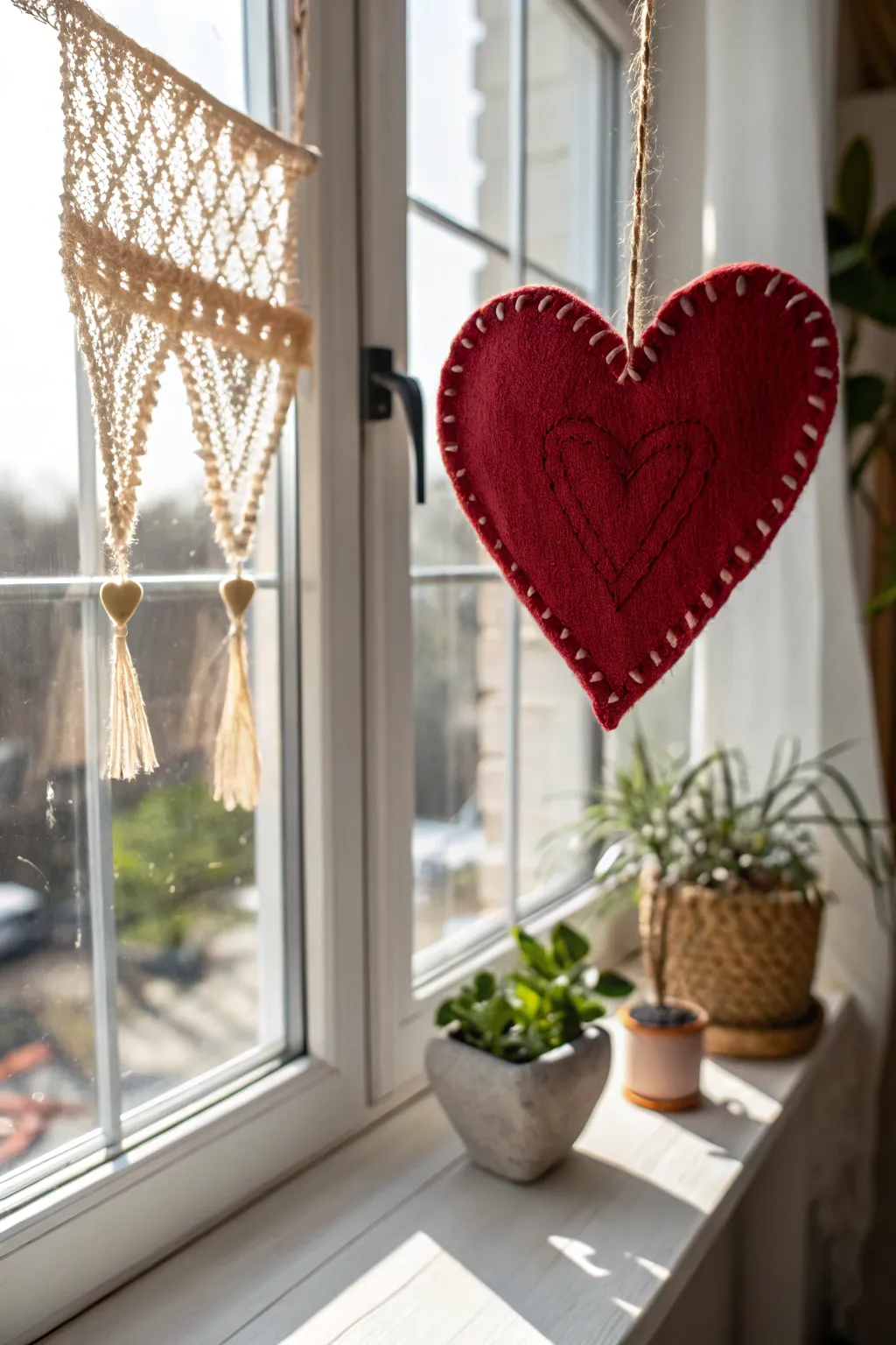 Embrace the warmth of handcrafted love with this charming fabric heart window display.