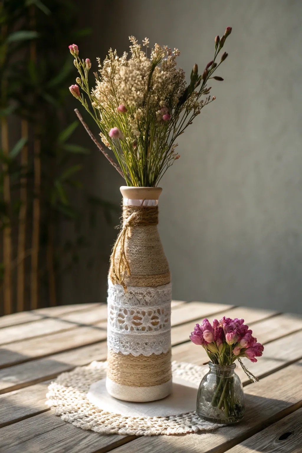 Transform your space with a touch of rustic elegance: a DIY vase wrapped in textured fabrics for a warm, inviting look.