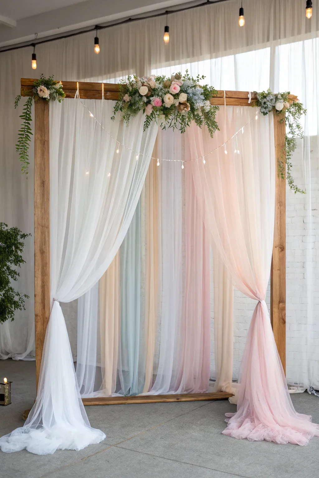 Create an enchanting wedding atmosphere with flowing fabric drapes that exude simplicity and elegance.