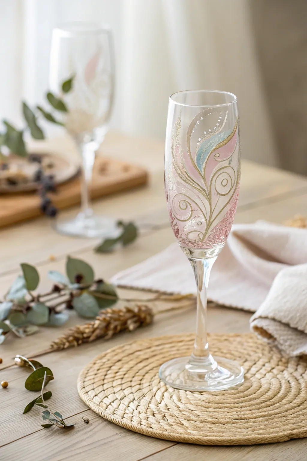 Elevate your wedding gift game with these stunning hand-painted champagne flutes, a perfect blend of minimalist charm and bohemian artistry.