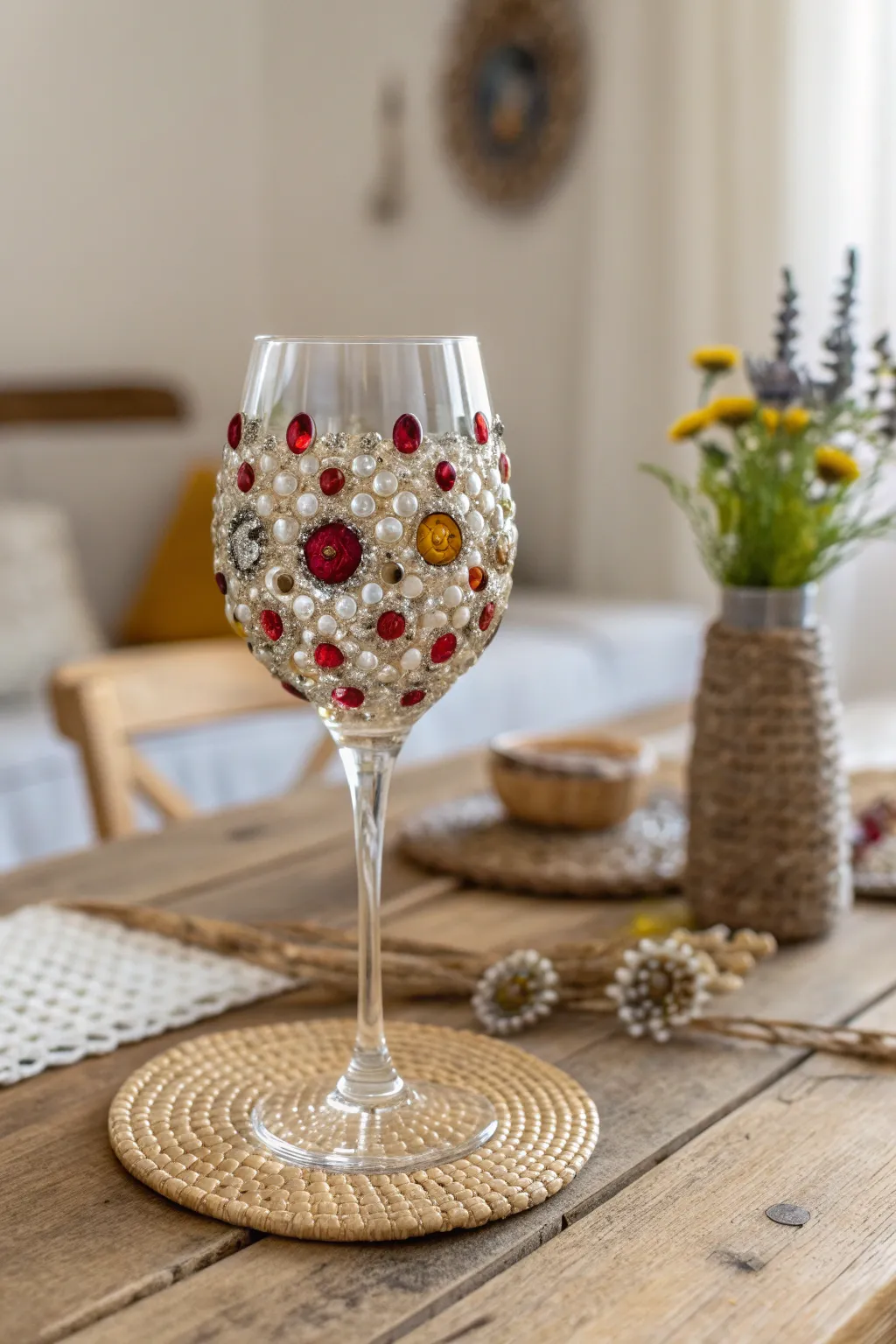 Elevate your table setting with bejeweled elegance: DIY rhinestone wine glasses that dazzle and delight.