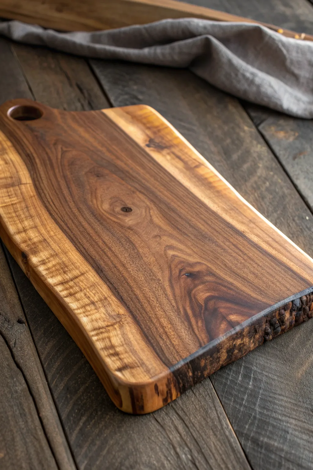 Turn heads with this elegant live edge cutting board, a masterpiece of craftsmanship.