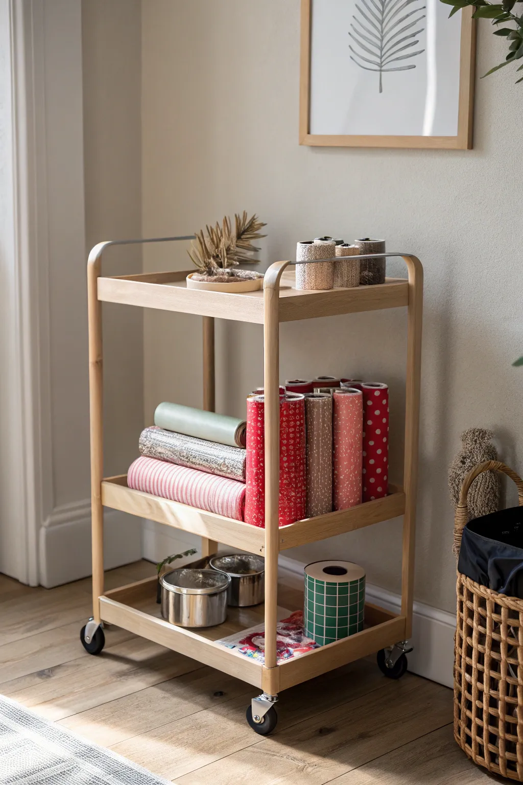 Unleash your gift-wrapping creativity with a chic rolling cart that combines style and functionality for all your DIY needs!