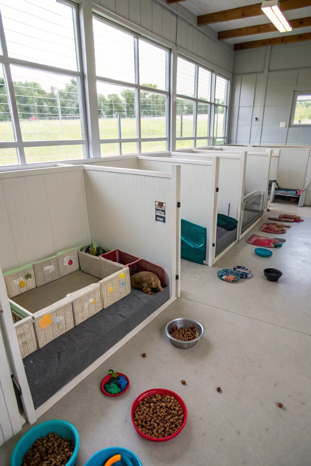 A well-organized kennel with dedicated spaces for all dog activities.