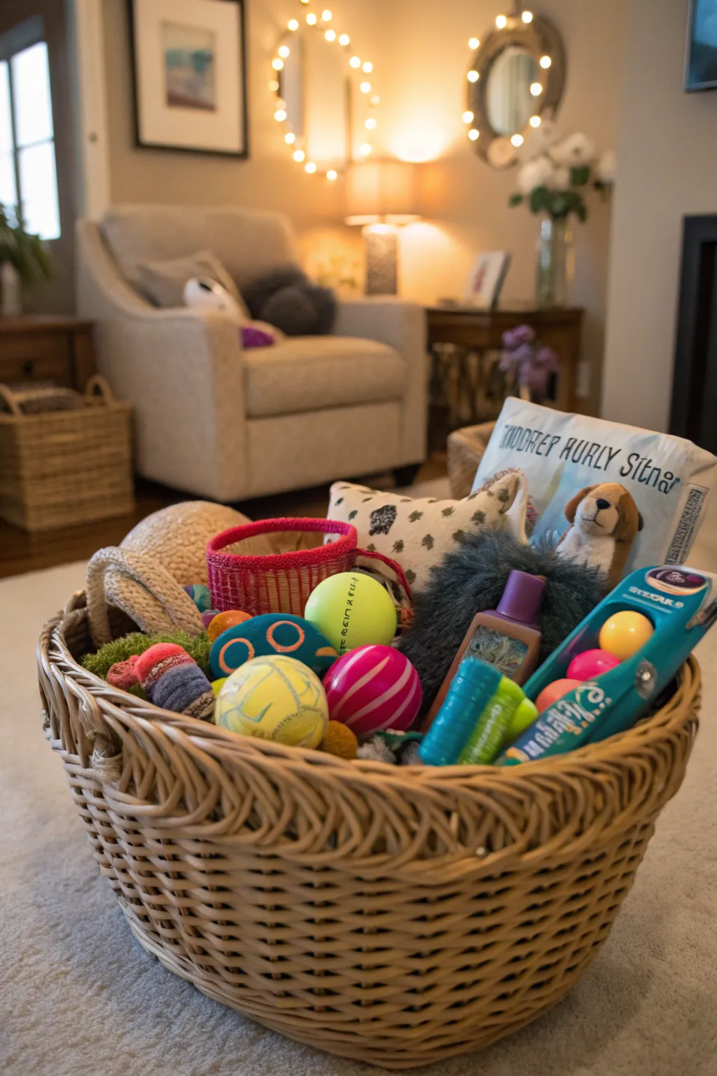 A decorative basket stores dog toys and supplies, complementing the living room decor.