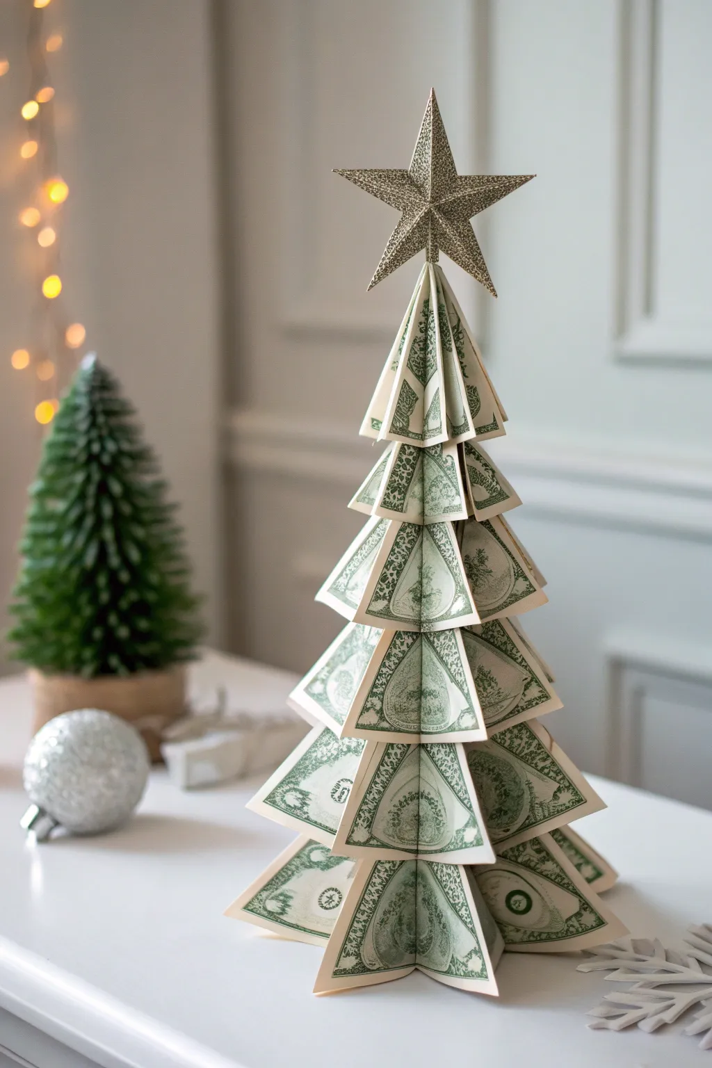 Crafted Elegance: A festive origami tree with a star-topped finish that embodies minimalist beauty.