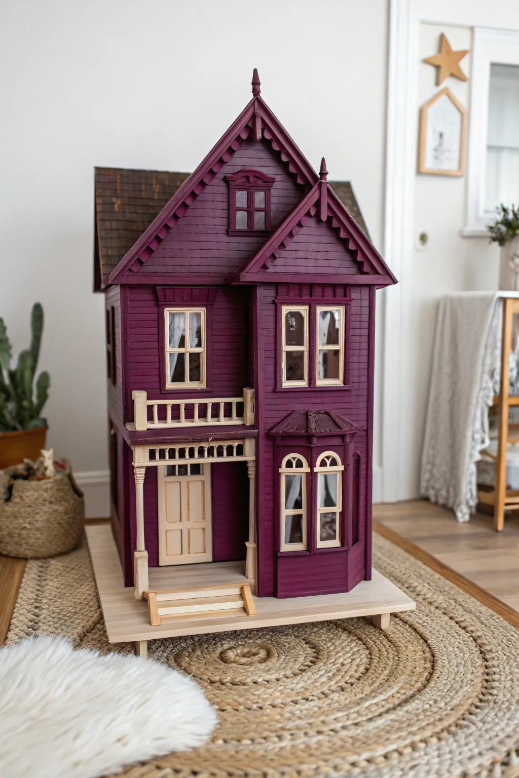 Step into timeless elegance with our Victorian dollhouse exterior, where deep burgundies meet regal purples for a sophisticated touch.