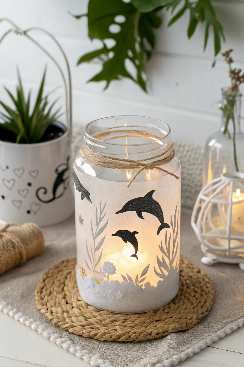 Illuminate your space with the enchanting glow of a dolphin silhouette lantern, a perfect blend of minimalist elegance and boho charm.