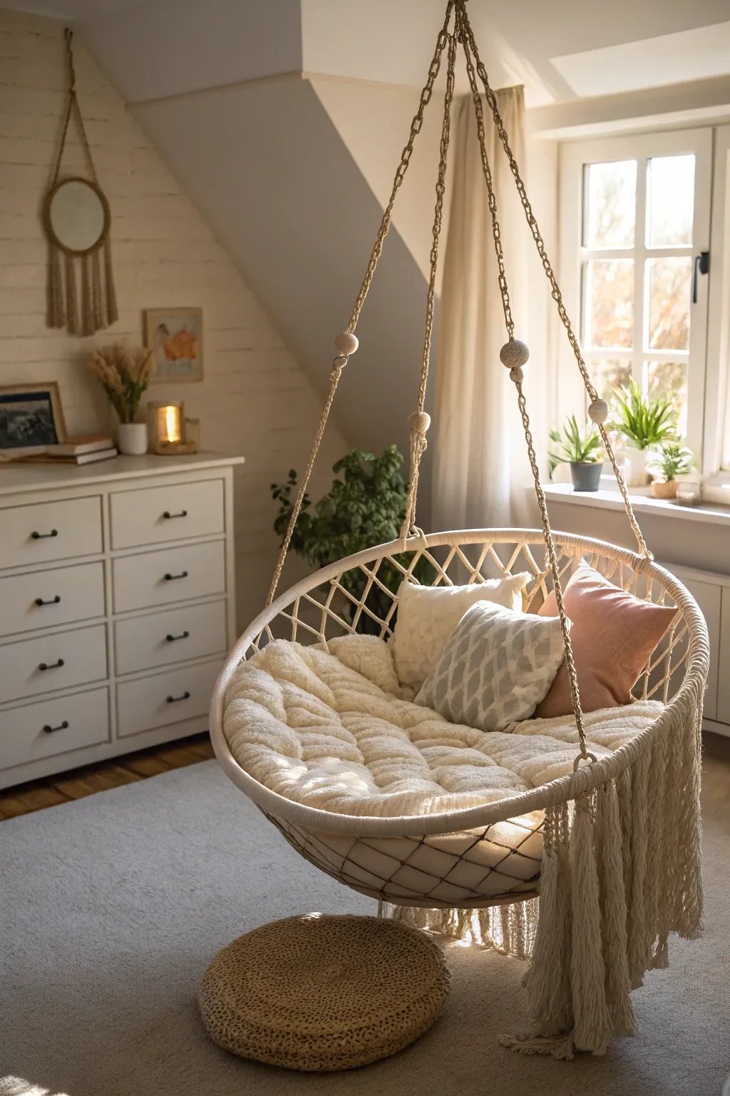 A circular bed and hanging chair create a unique and eye-catching bedroom design.