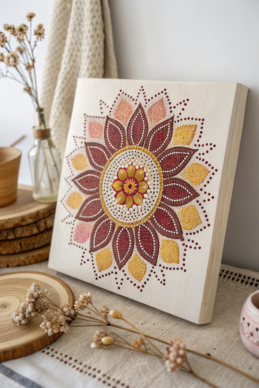 Celebrate the art of dot painting with this stunning floral motif, where modern design meets natural inspiration.