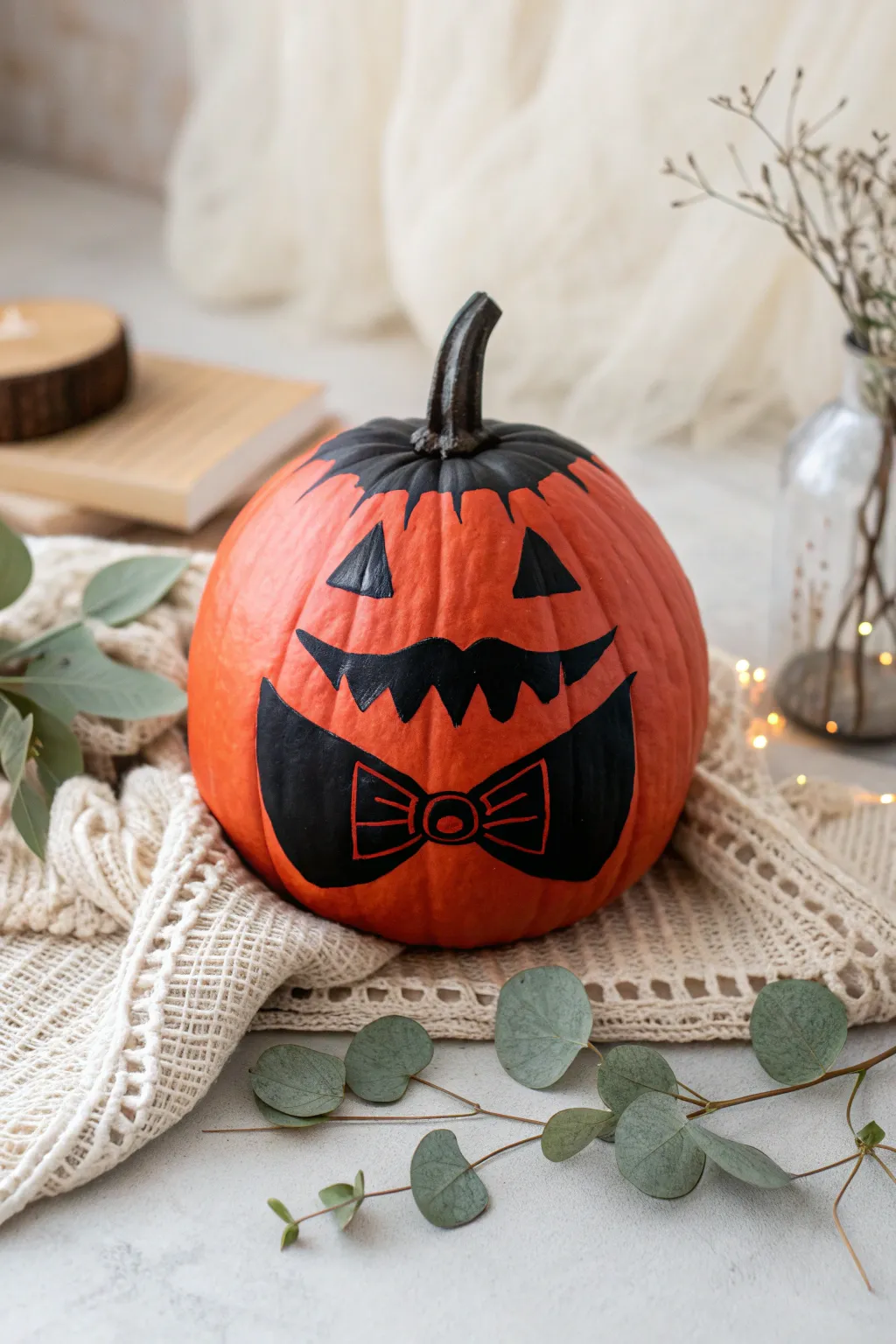 Meet Gentleman Dracula: a charmingly dapper pumpkin ready to enchant your Halloween festivities with a touch of minimalist elegance.