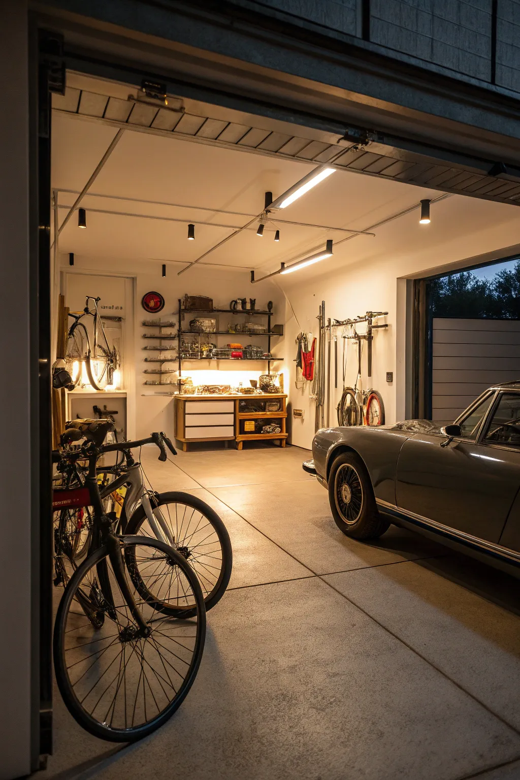 A well-lit garage with a combination of ambient and task lighting.