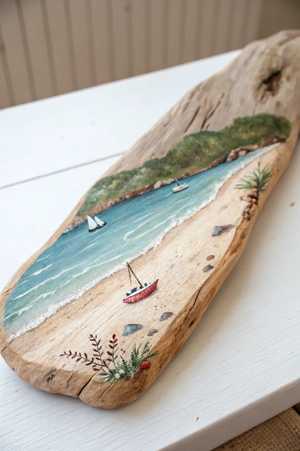 Discover the serenity of miniature beach scenes on driftwood, where simplicity meets artistry in a captivating coastal escape.