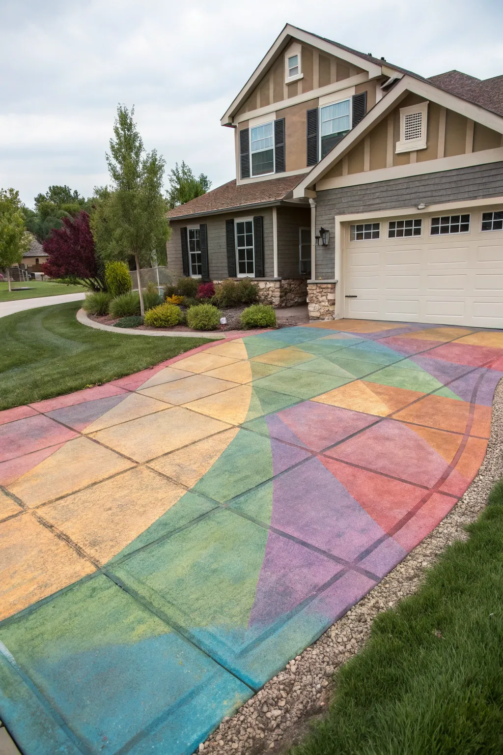 A driveway enhanced with vibrant concrete stains.