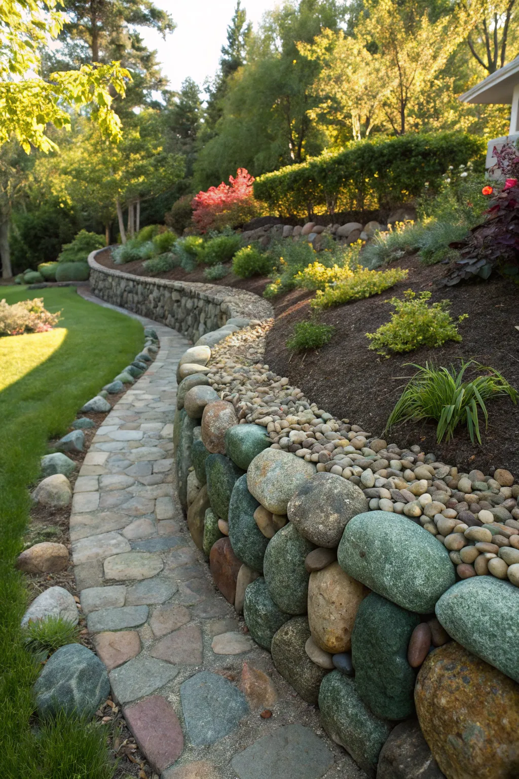 Explore the art of curves: Transform your garden with a handcrafted, curved rock wall that captivates with its natural charm and bold colors.