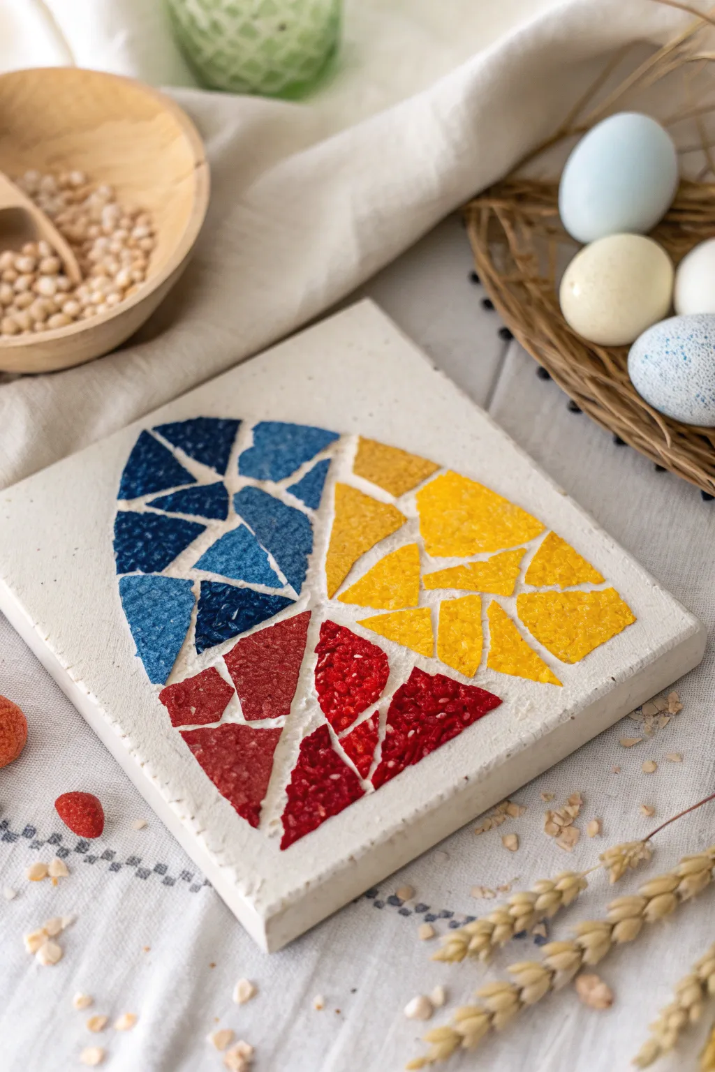 Transform everyday eggshells into a vibrant masterpiece with this stunning mosaic craft idea.