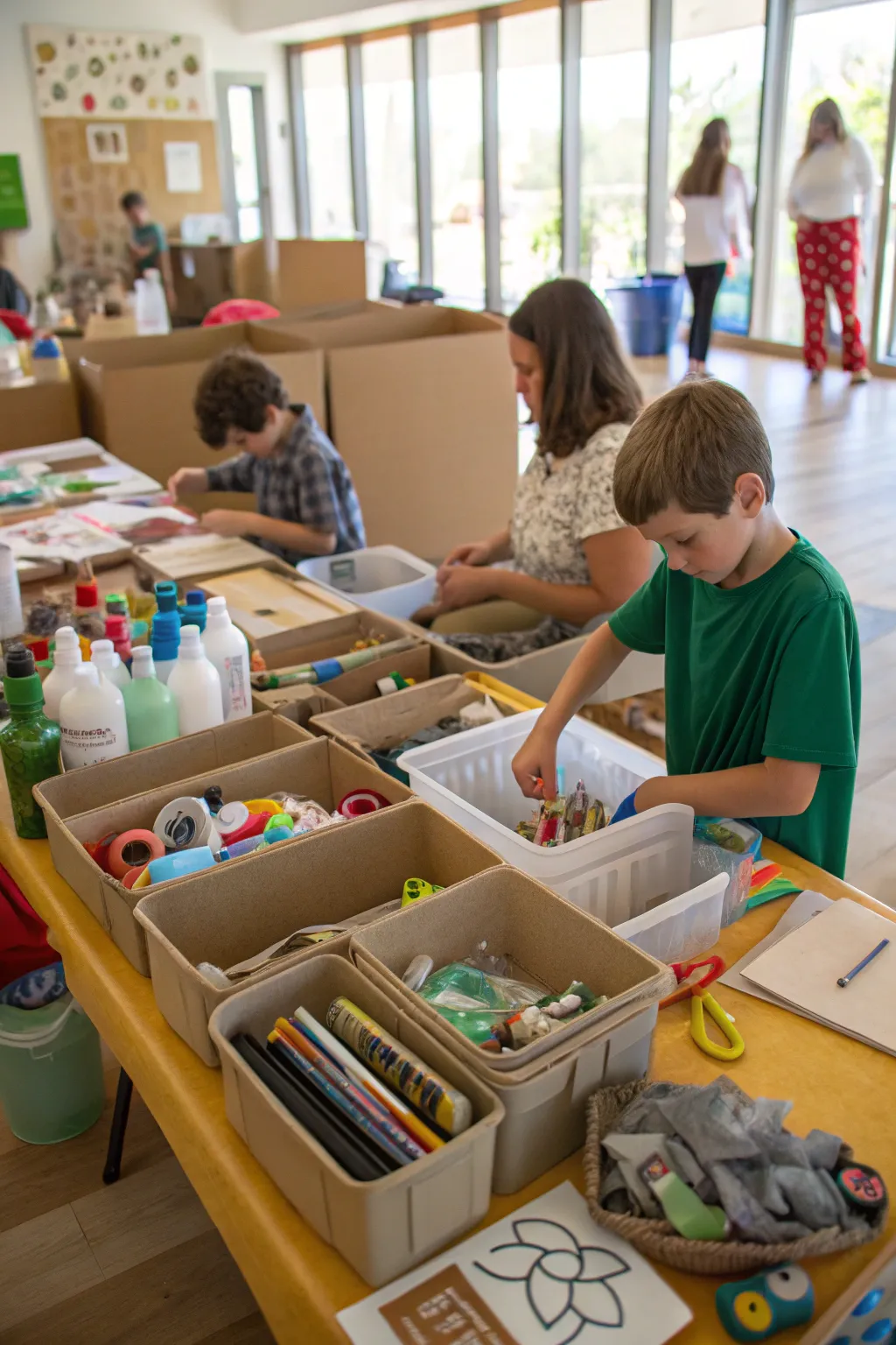 A DIY craft station encourages creativity and recycling.