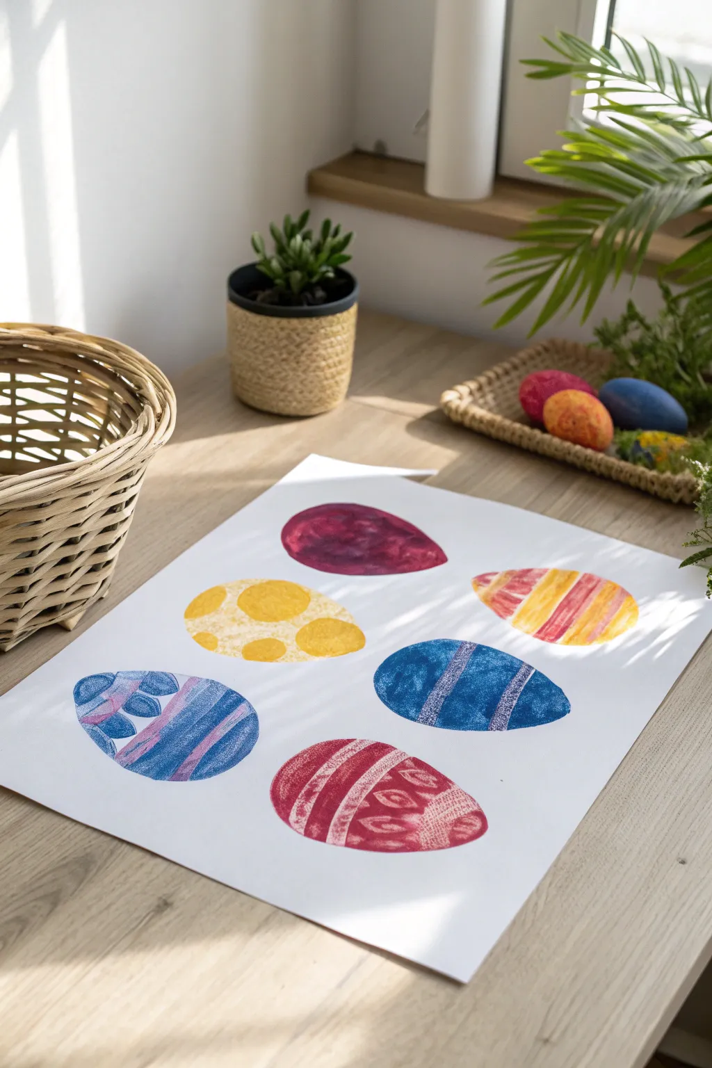 Delight in the whimsical beauty of baby-created Easter egg art with vibrant finger paints.