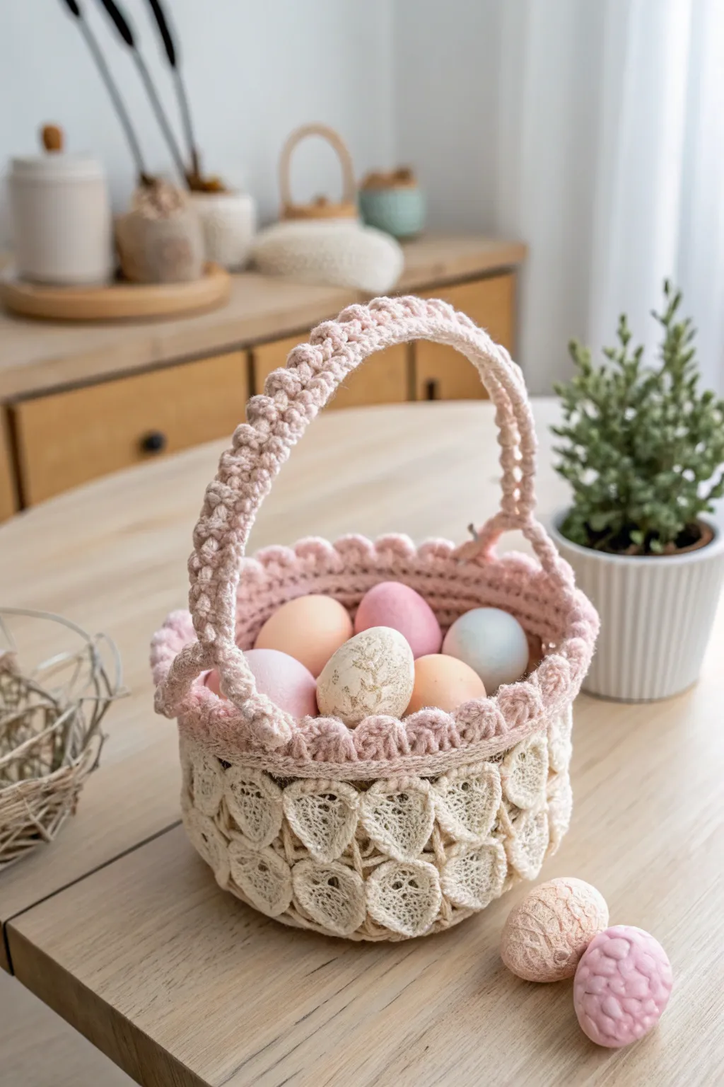 Capture the essence of Easter with this beautifully handcrafted crochet basket, perfect for adding a touch of elegance to your spring decor.
