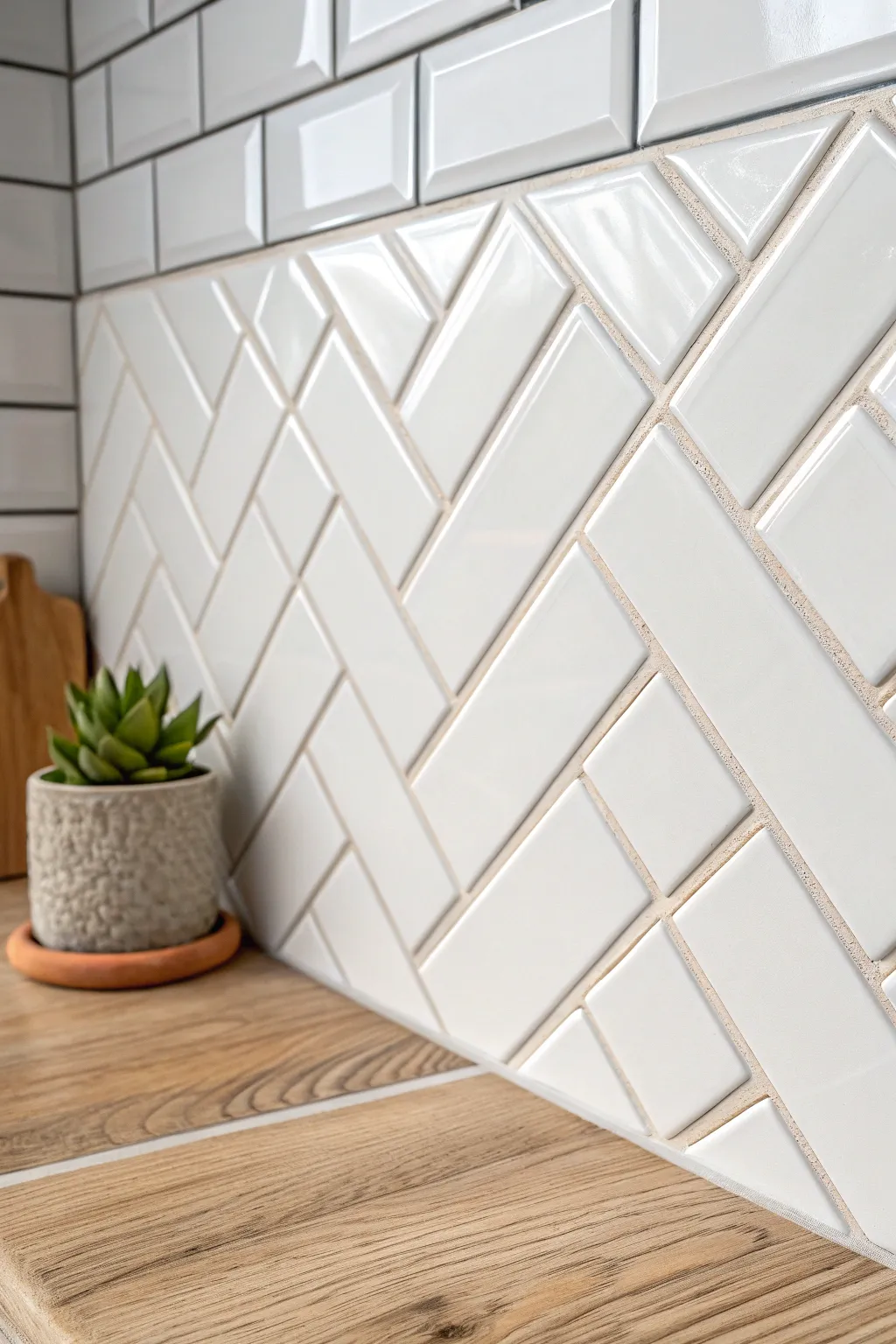 Elevate your space with the timeless elegance of classic subway tiles, arranged in a chic herringbone pattern. Perfect for a minimalistic and boho-inspired kitchen refresh!
