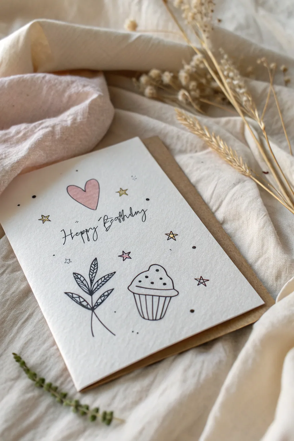 Effortless elegance: Minimalist birthday card with hand-drawn icons for a touch of heartfelt simplicity.
