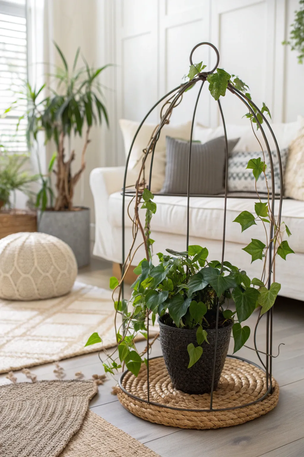 Transform your potted plants into a whimsical wonder with this chic wire wreath trellis.