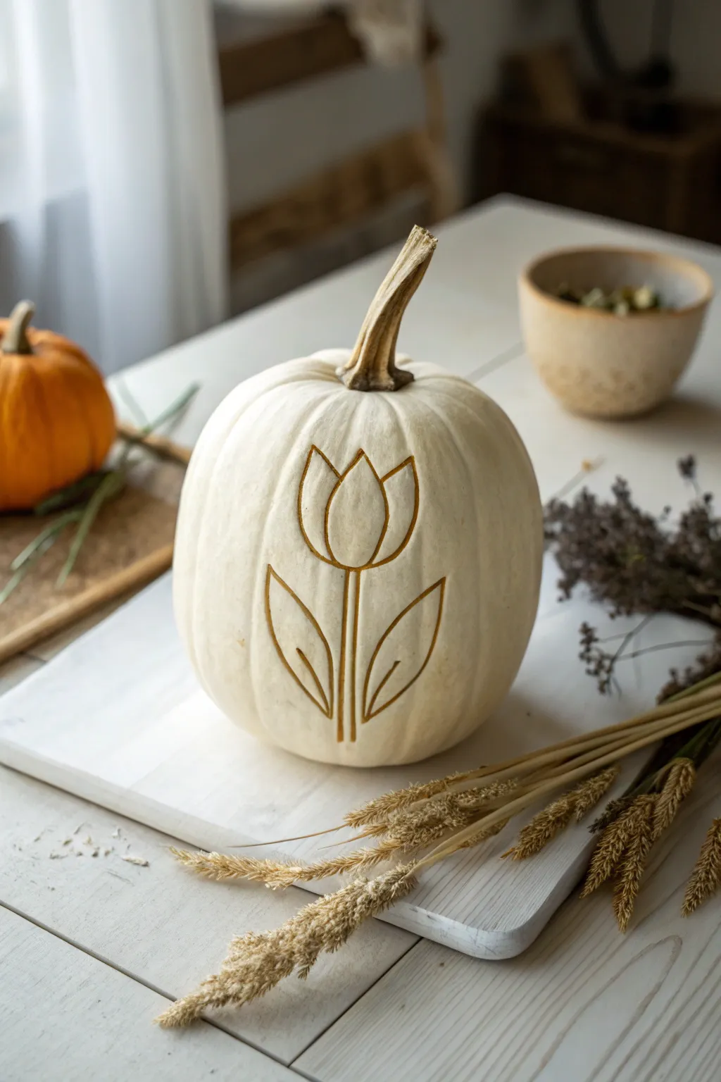 Embrace the beauty of simplicity with this whimsical tulip pumpkin carving—where autumn meets spring in a minimalist design.