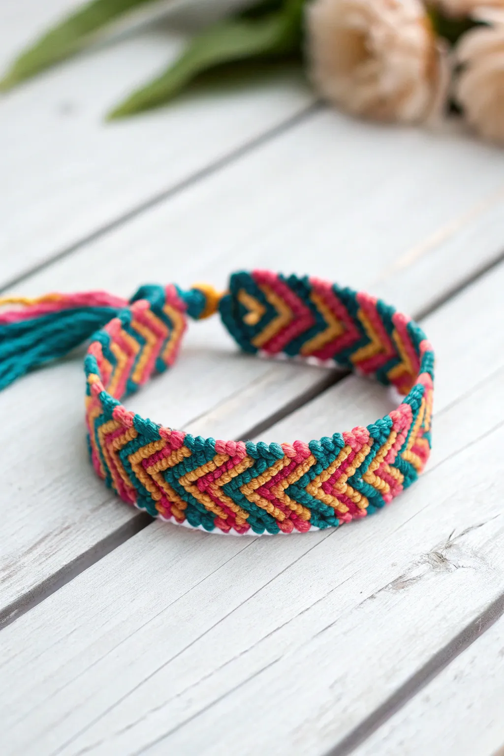 Timeless elegance meets vibrant creativity in this chevron friendship bracelet.