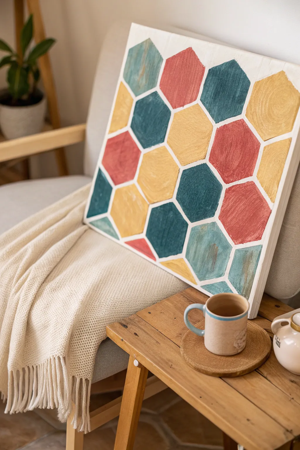 Embrace the trend: Infuse your reading nook with hexagon harmony! 🎨✨ #GeometricArt #ScandiBoho
