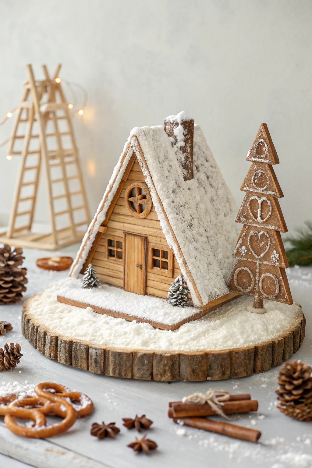 Escape to a gingerbread woodland retreat with this charming snow-kissed A-frame cabin, where rustic elegance meets sweet simplicity.
