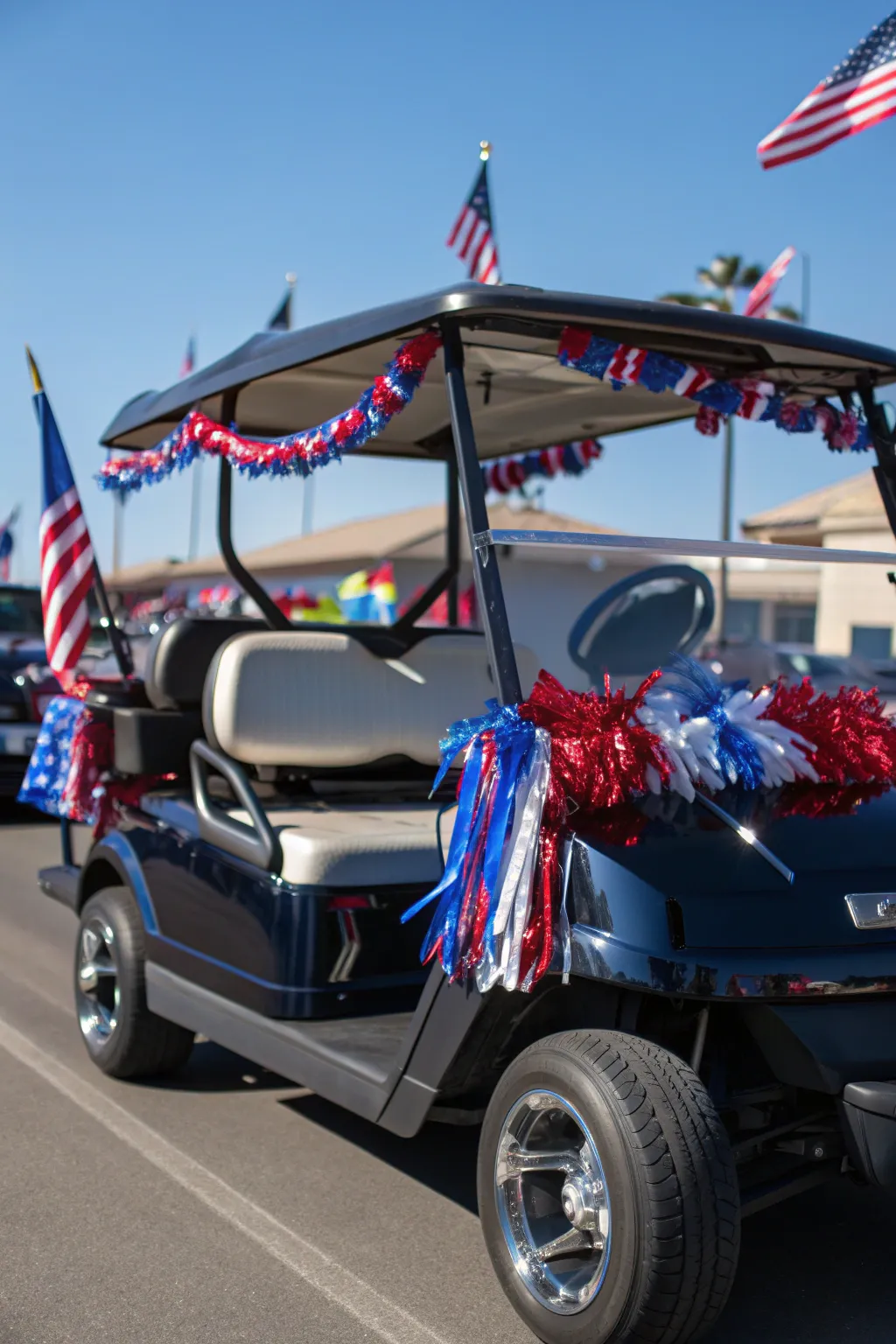 Ride in style with patriotic flair—your golf cart, parade-ready for the holidays!
