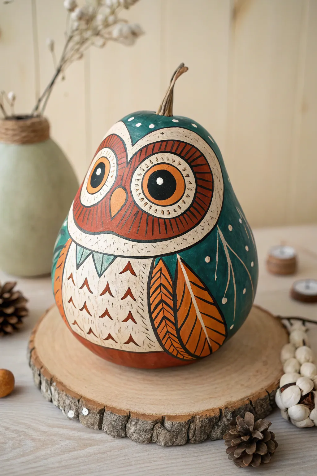 Bring a touch of whimsy to your decor with this charming owl gourd, a perfect blend of minimalist design and bold color.