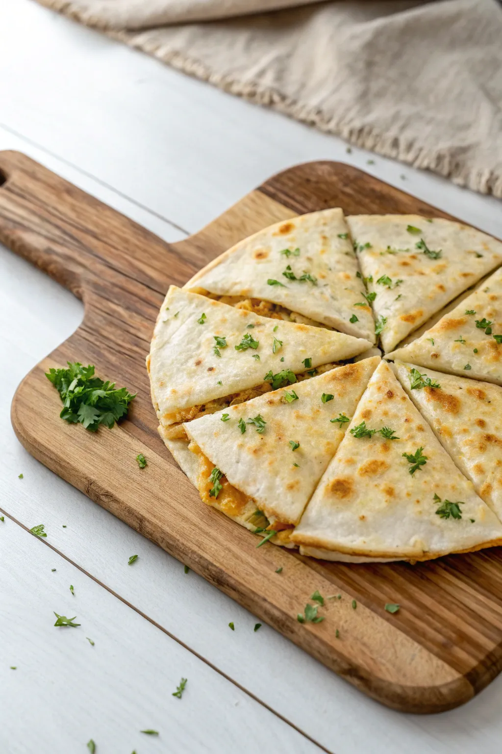 Indulge in the simplicity of a classic: cheesy quesadillas with a hint of herbs. Perfect for a cozy night in!