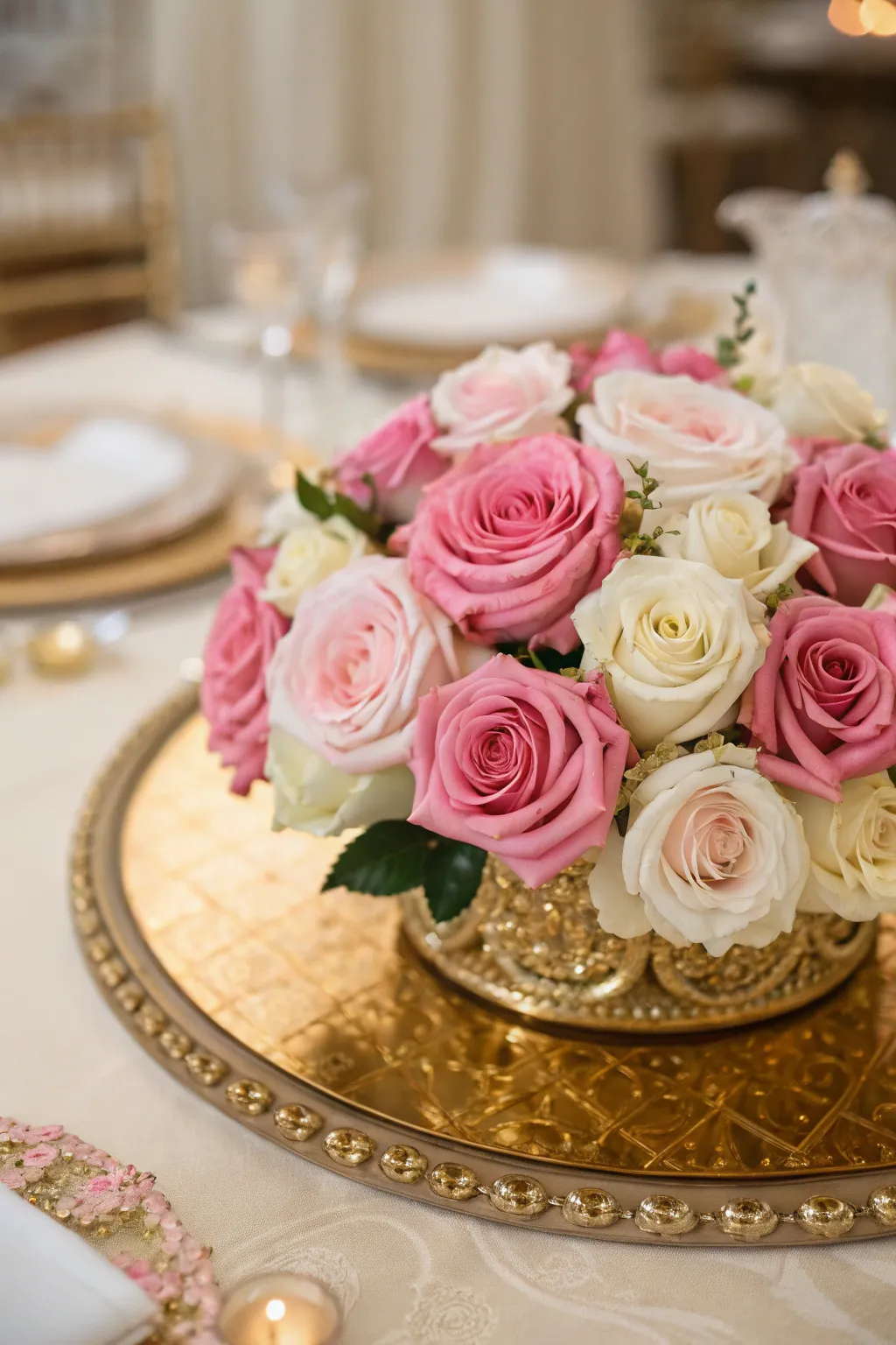 Pink and white floral arrangements add sophistication.