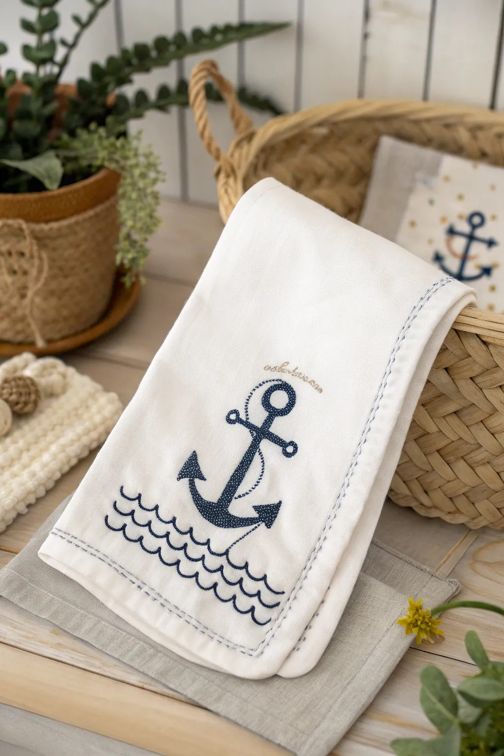 Sail into style with this charming anchor embroidered burp cloth – where nautical elegance meets minimalist design.