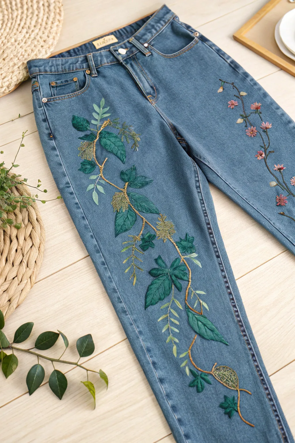 Nature's artistry woven into denim—embrace the charm of handcrafted elegance.