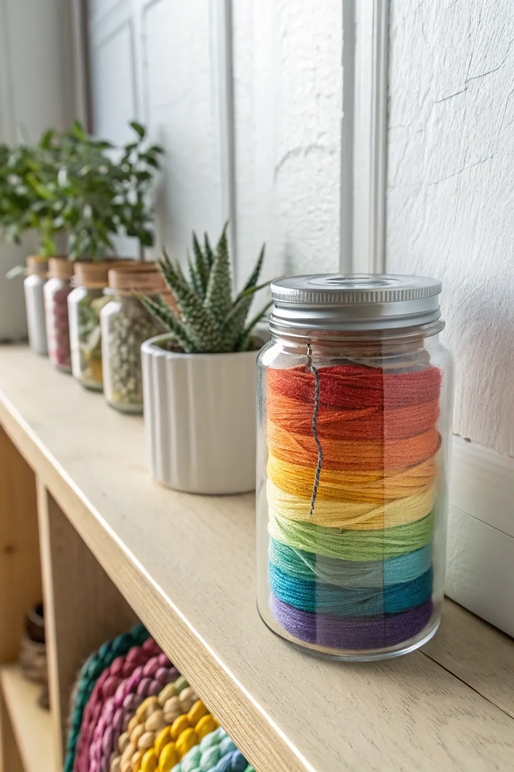 Transform your threads into a beautiful display with a mason jar organizer that delights with simplicity and color.