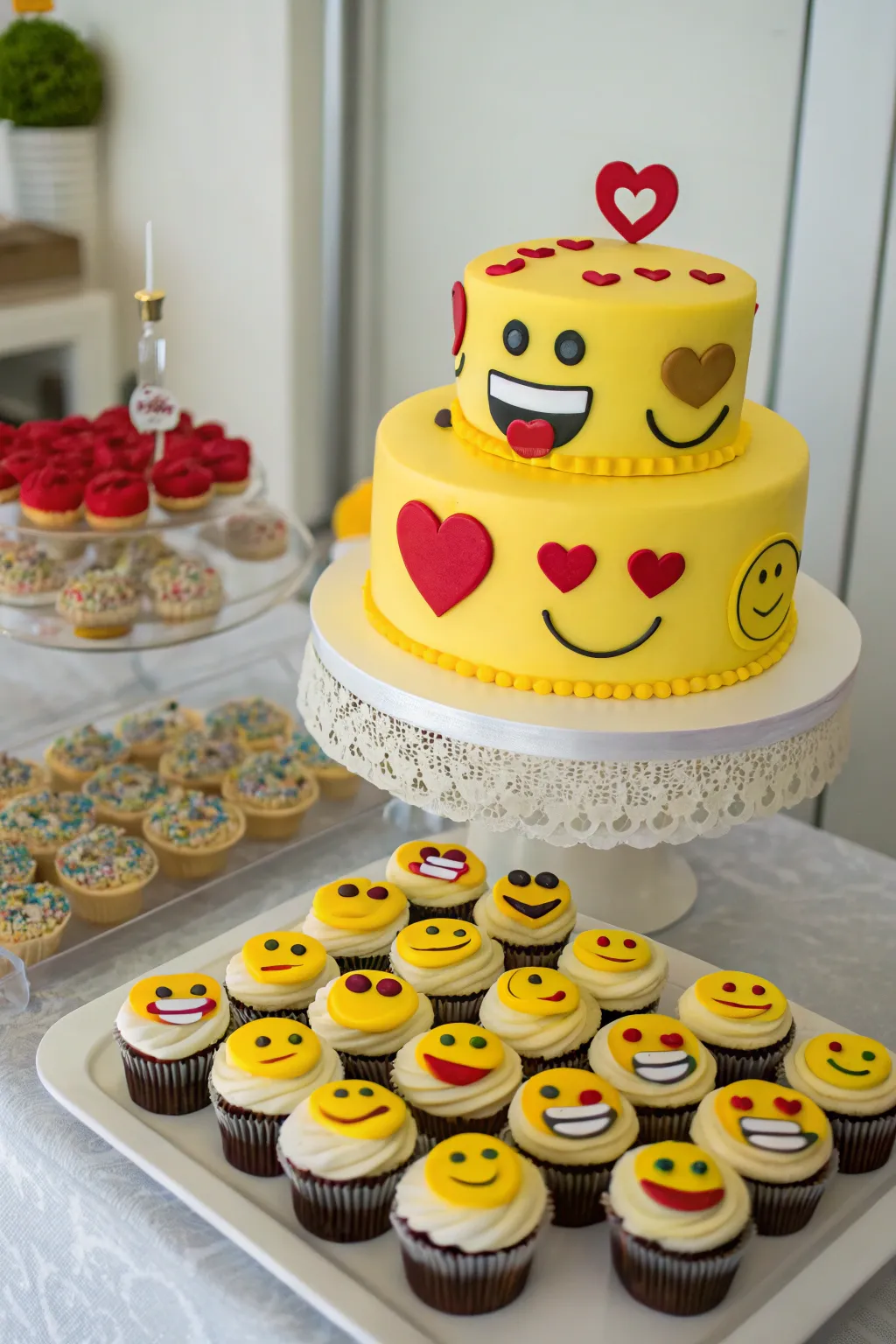 A deliciously creative emoji-themed cake and cupcake spread.