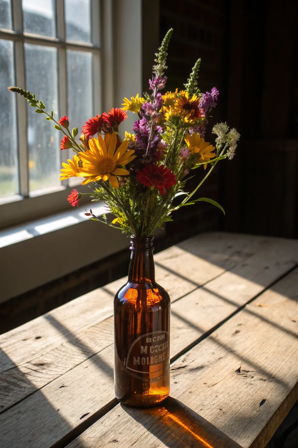 Transform your space with a touch of nature: repurpose a bourbon bottle into a stunning wildflower vase.