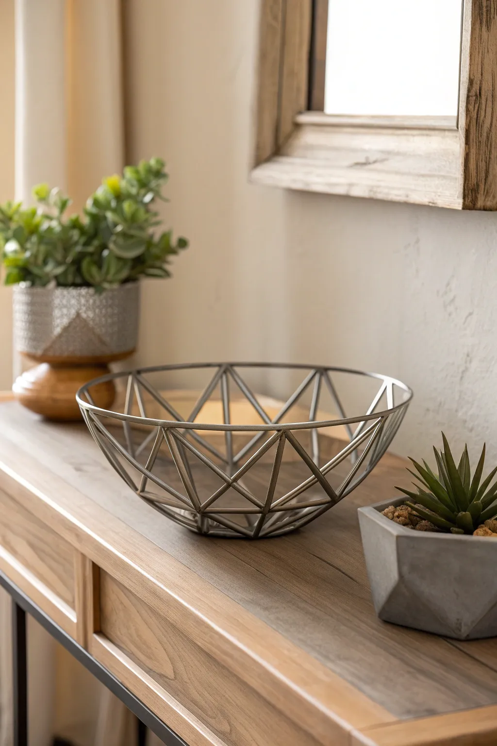 Elevate your entryway with this striking geometric metal bowl, where minimalist design meets industrial chic. 🌿✨ #EntrywayElegance #ScandiBohoVibes