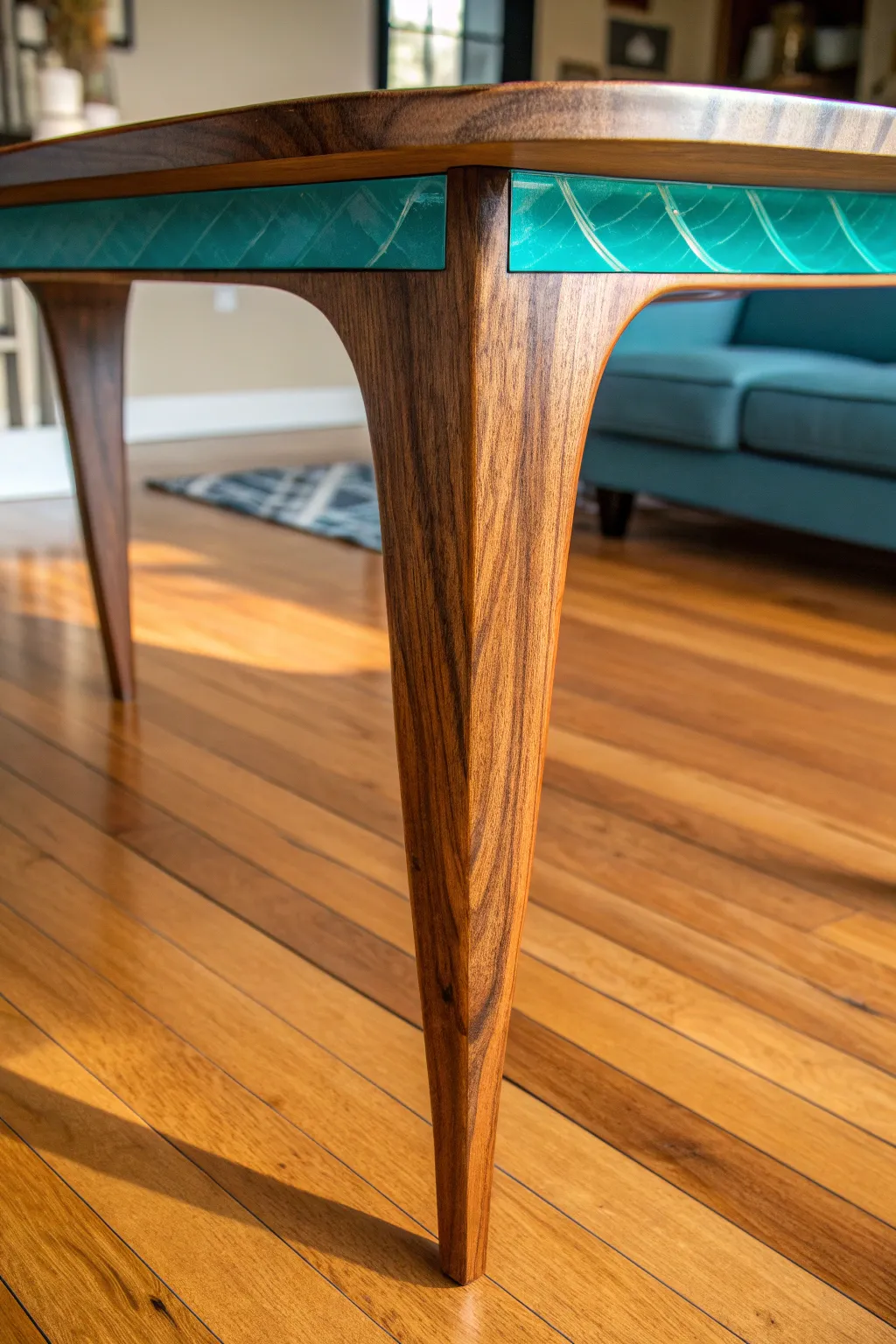 Elevate your space with a mid-century modern twist: a bold teal epoxy table leg masterpiece.