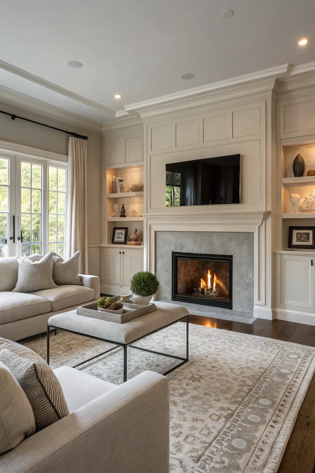 Neutral hues around the fireplace creating a sophisticated and airy living room.