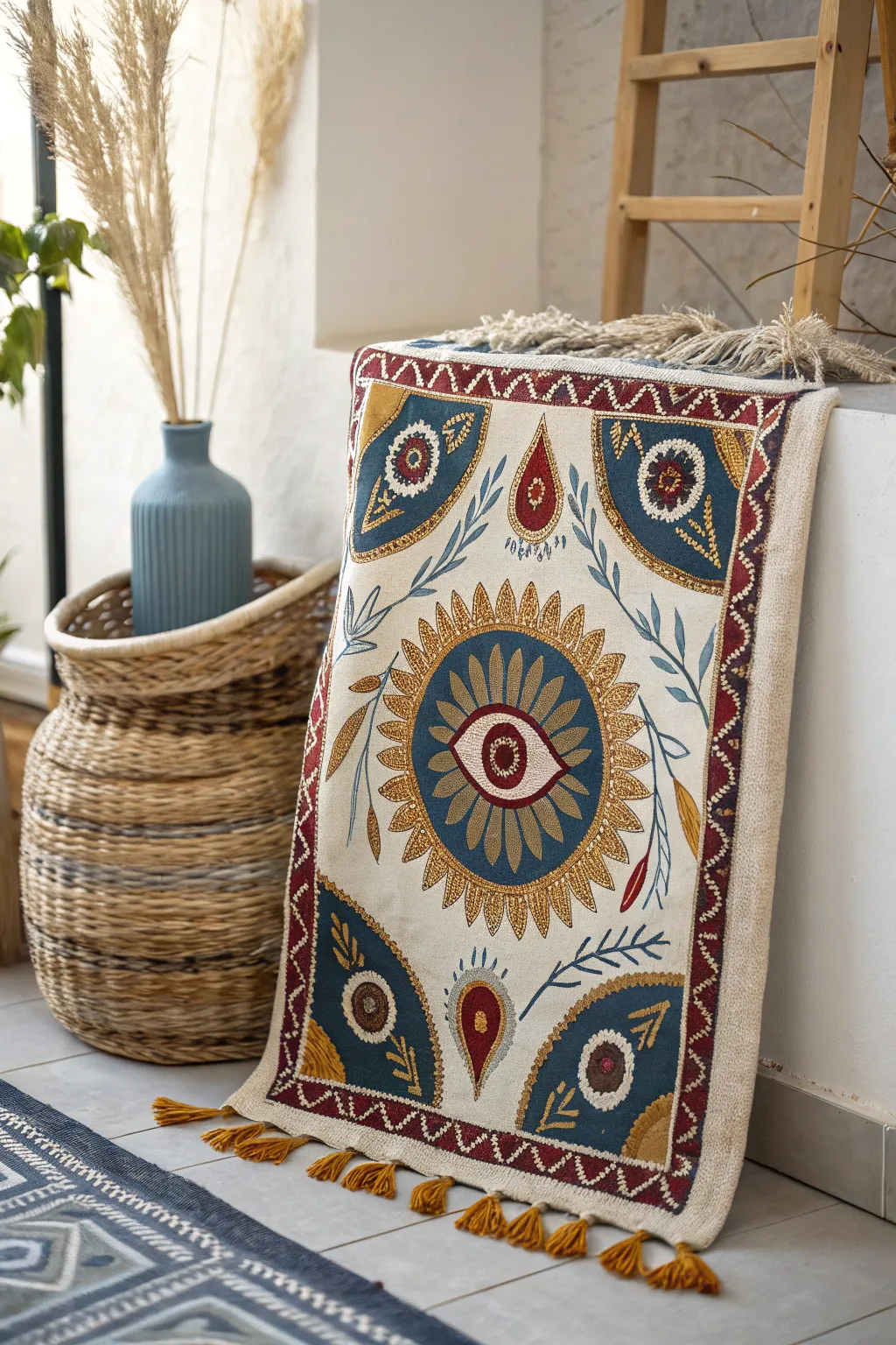 Embrace the cozy charm of a textile-inspired evil eye canvas, blending minimalist elegance with bold boho artistry.