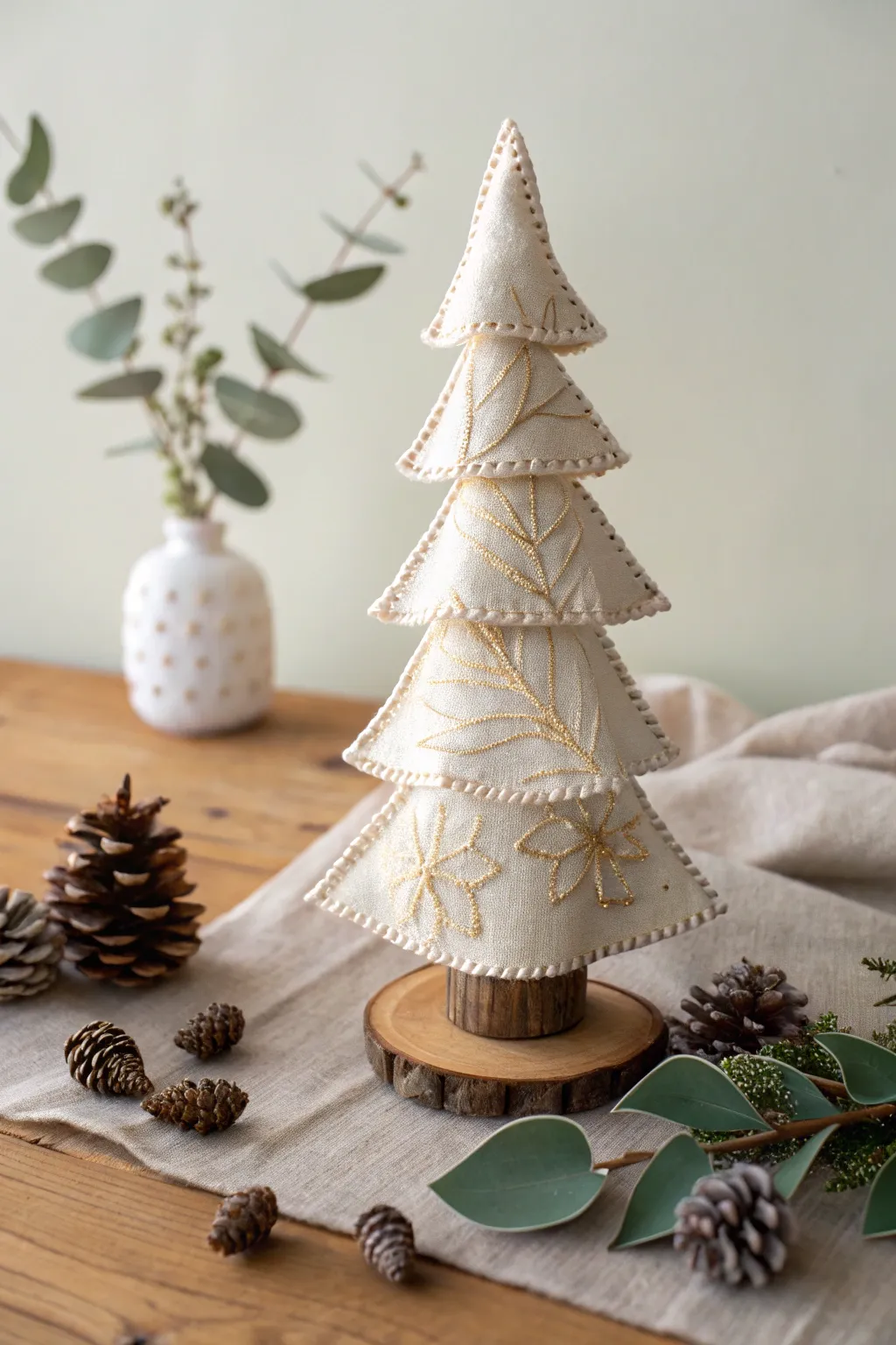 Add a touch of handcrafted elegance to your holiday decor with this charming mini fabric Christmas tree. Perfect for a minimalist yet enchanting centerpiece.