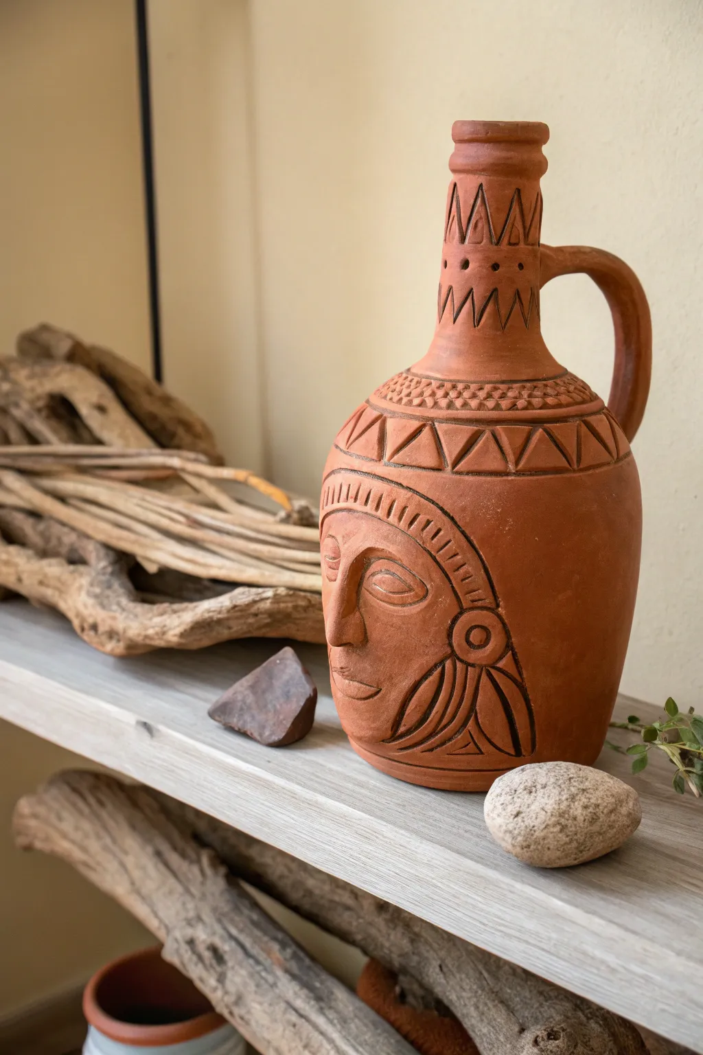 Discover the allure of rustic textures with this handcrafted face jug, where ancient artistry meets modern minimalism.
