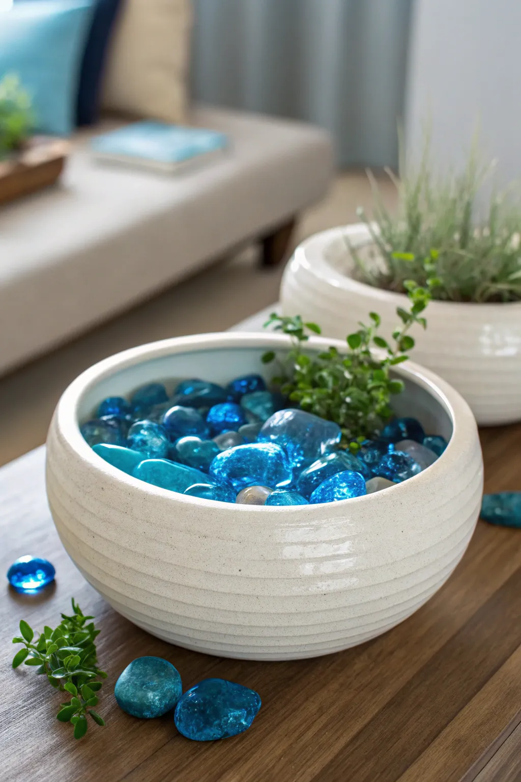 Create a magical water feature illusion with blue glass stones in your fairy garden pot!