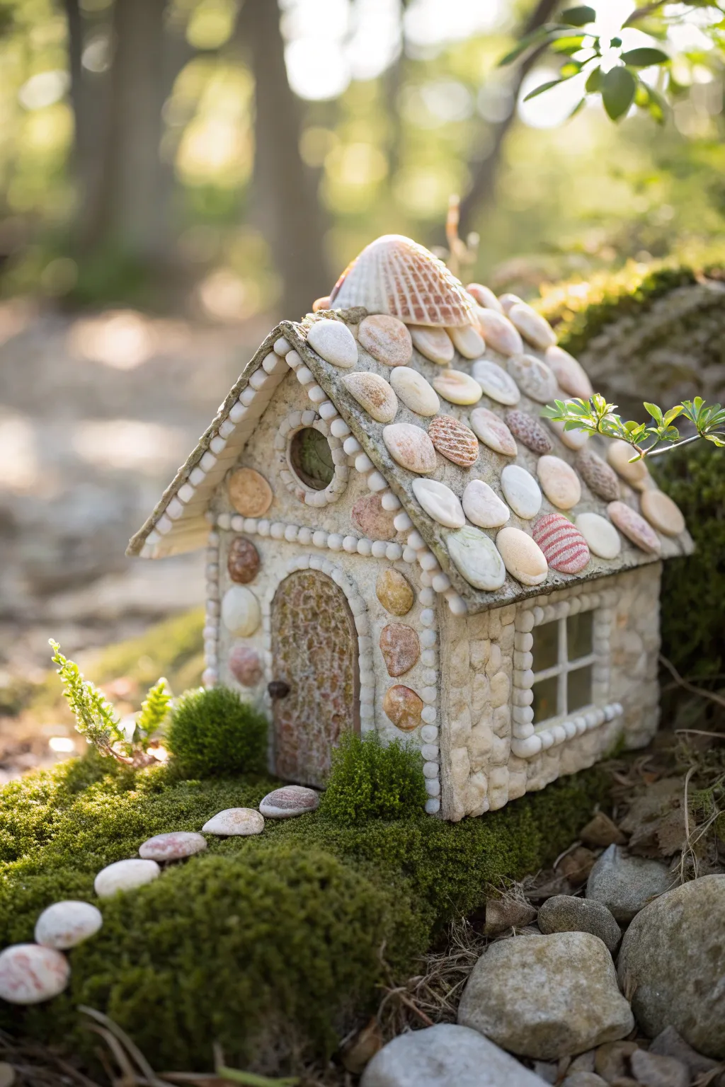 Transform your fairy house into a seaside retreat with charming shell adornments.
