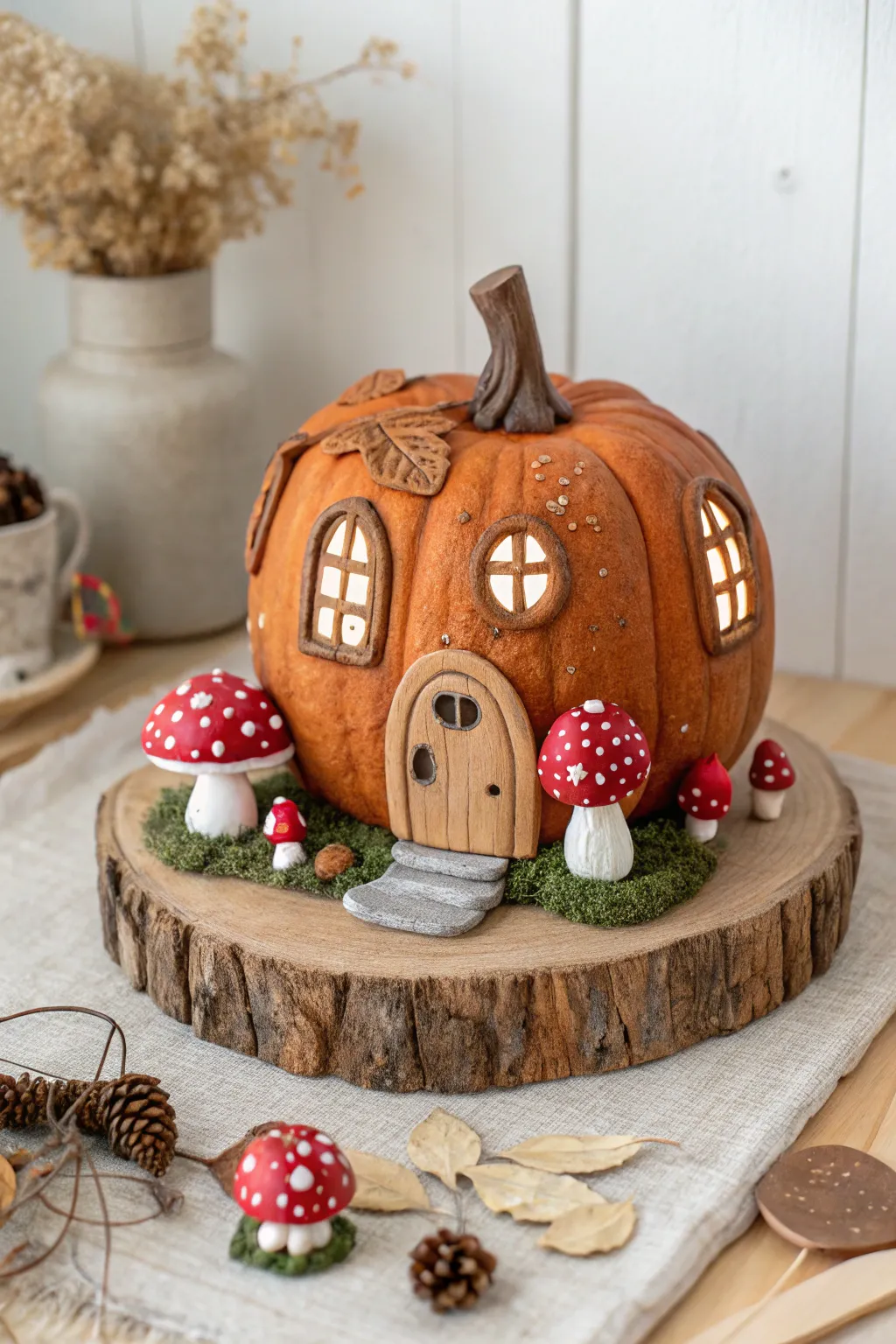 Step into a world of whimsy with our Mushroom Magic pumpkin fairy house, where simplicity meets enchantment.
