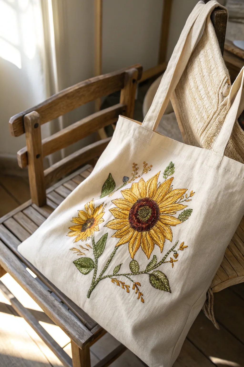 Carry a bit of sunshine with you: Embroidered sunflower tote for a touch of fall elegance.