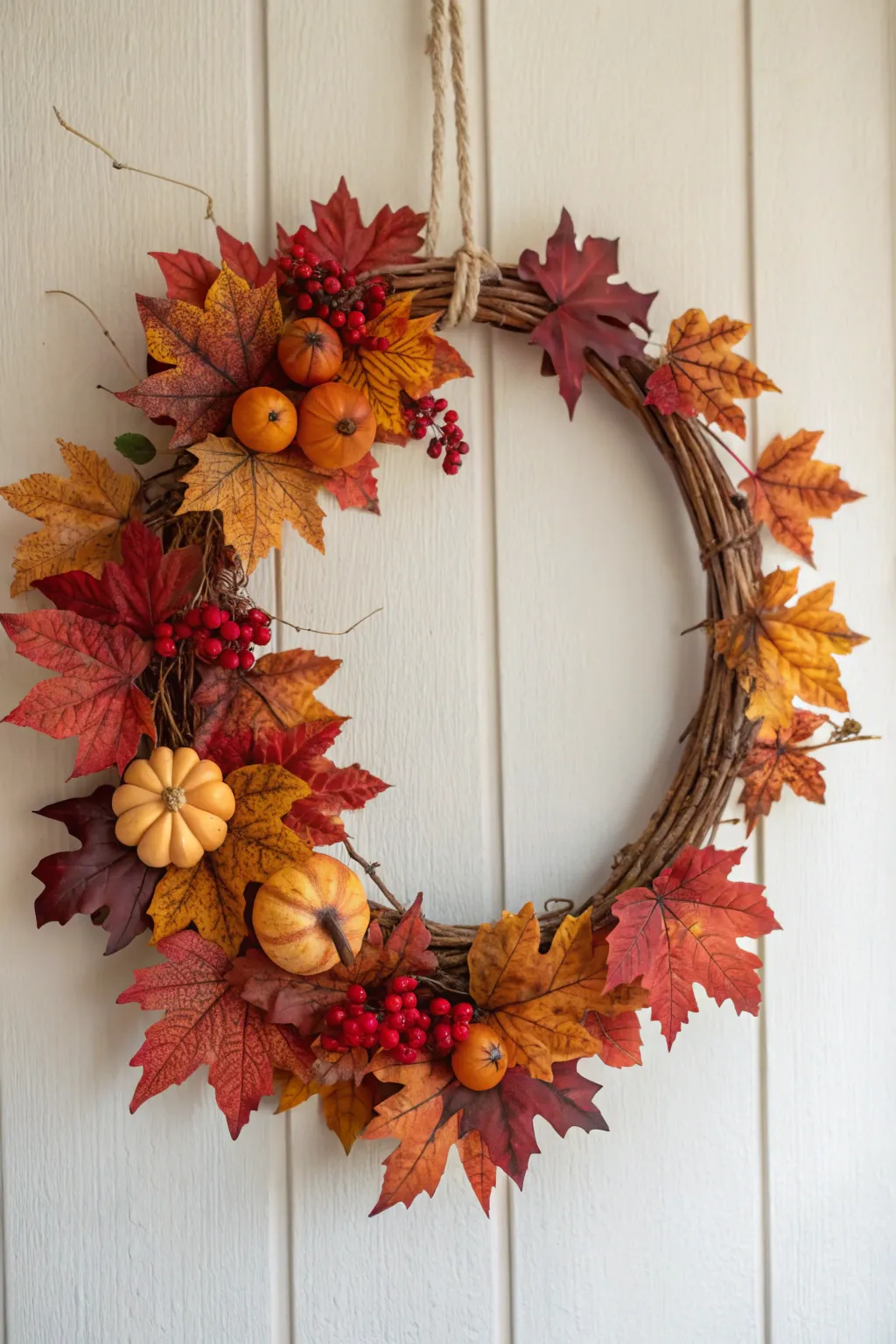 Embrace autumn's elegance with a handcrafted leaf wreath, where simplicity meets natural beauty.